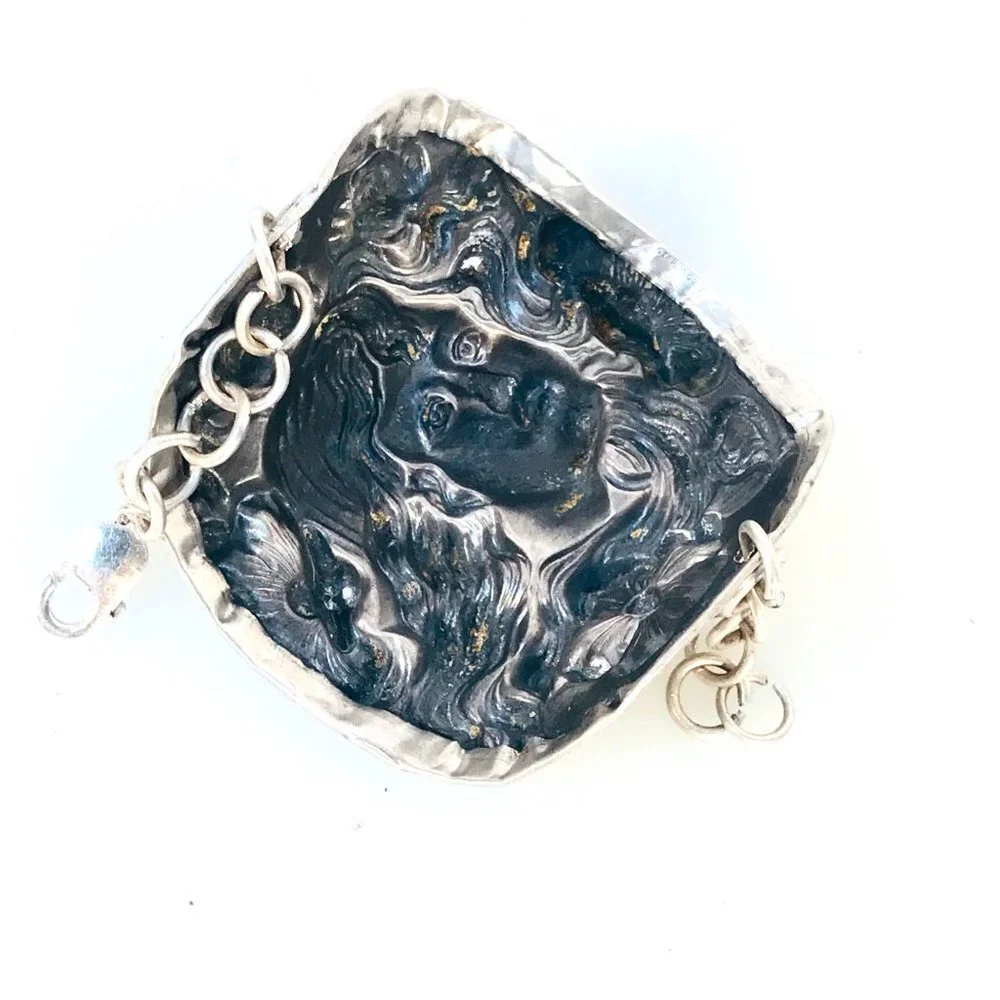 Rare Antique Goddess Sterling Silver Cuff Bracelet Victorian 925 Medusa Nouveau